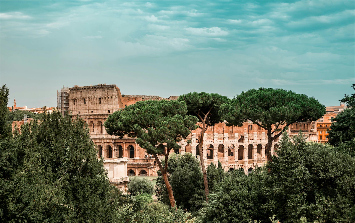 The Colosseum framed by Roman pines, a must-see on any trip to Italy, including Jewish tours to Italy.