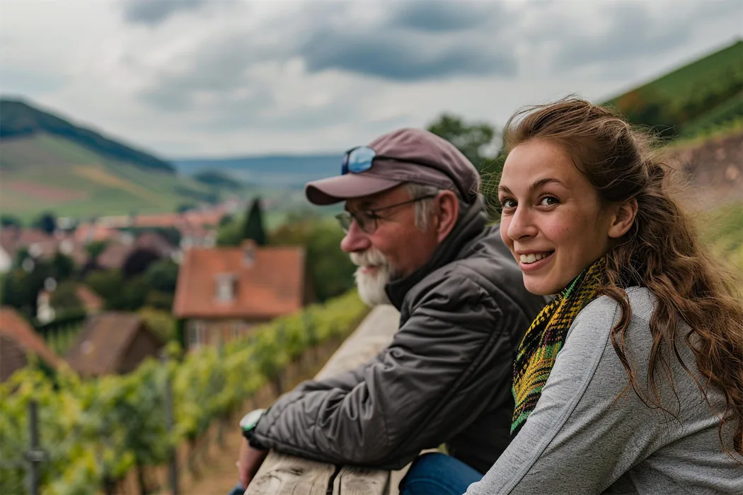 A father and daughter enjoying the scenic vineyard views in La Rioja, Spain, during the grape harvest season in autumn, ideal for cultural and wine tourism.