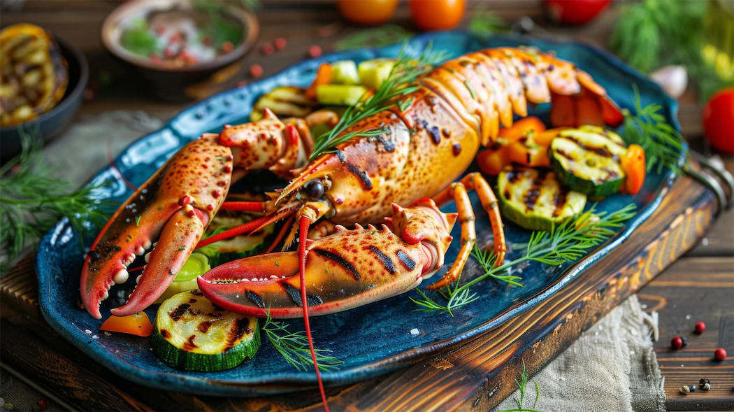 O Jorge do Peixe in Quarteira, featured in Shin-Tours Luxury Tours, showcases fresh Atlantic seafood like this perfectly grilled lobster, a must-try for seafood lovers in Portugal.